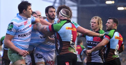 Racing Metro L and Harlequins players scuffle Racing Metro L and Harlequins players scuffle