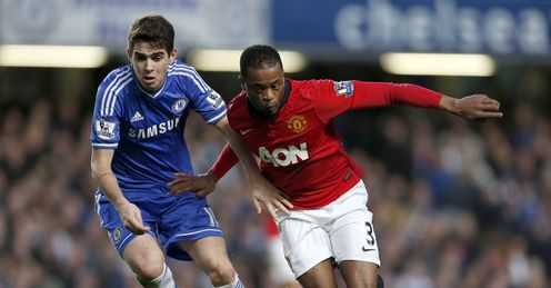 Oscar battles with Patrice Evra during Chelsea's recent win over Man United