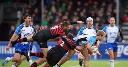 Richard Wigglesworth and Schalk Brits of Saracens tackle Fionn Carr of Connacht Richard Wigglesworth and Schalk Brits of Saracens tackle Fionn Carr of Connacht