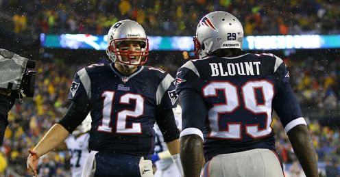Tom Brady celebrates with team-mate LeGarrette Blount