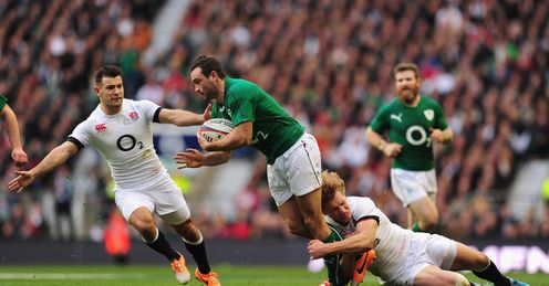 Ireland wing Dave Kearney is tackled by Billy Twelvetrees as Danny Care l looks on Ireland wing Dave Kearney is tackled by Billy Twelvetrees as Danny Care l looks on