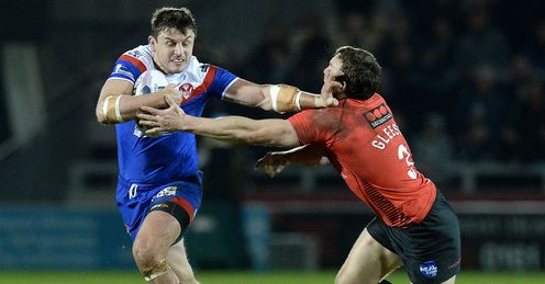 St Helens Jon Wilkin is tackled by Salford Red Devils Martin Gleeson 2014 St Helens Jon Wilkin is tackled by Salford Red Devils Martin Gleeson 2014