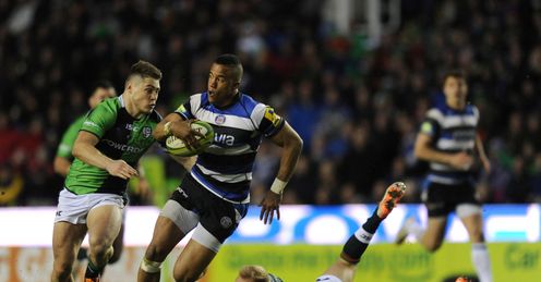 Anthony Watson of Bath breaks away from James O Conner and Shane Geraghty of London Irish Anthony Watson of Bath breaks away from James O Conner and Shane Geraghty of London Irish
