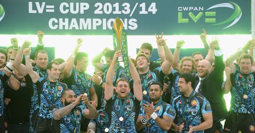 Exeter Chiefs celebrate after winning the LV=Cup on their own turf