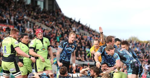Exeter Chiefs team celebrate try by Ben White during the LV Cup Final Exeter Chiefs team celebrate try by Ben White during the LV Cup Final
