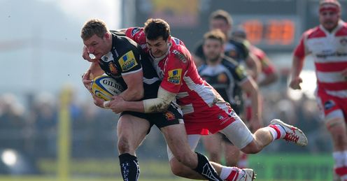Matt Jess of Exeter Chiefs is tackled by Jonny May of Gloucester Matt Jess of Exeter Chiefs is tackled by Jonny May of Gloucester