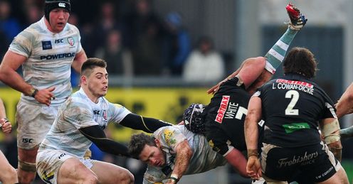 Exeter Chiefs London Irish Ben White Darren Allinson tip tackle Exeter Chiefs London Irish Ben White Darren Allinson tip tackle