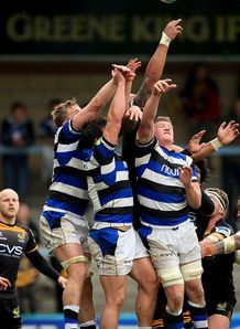 Bath players jumping for ball in Challenge Cup semi final Bath players jumping for ball in Challenge Cup semi final