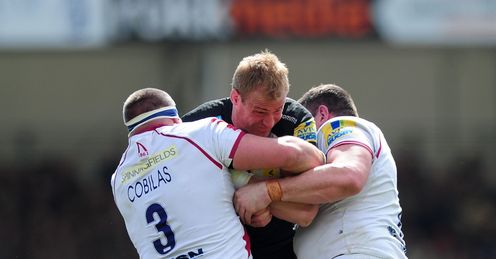 Damian Welch of Exeter Chiefs is tackled by Vadim Cobilas and Eifion Lewis Roberts of Sale Sharks Damian Welch of Exeter Chiefs is tackled by Vadim Cobilas and Eifion Lewis Roberts of Sale Sharks