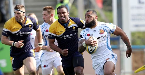 Fetu u Vainikolo of Exeter Chiefs evades Josh Drauniniu Fetu u Vainikolo of Exeter Chiefs evades Josh Drauniniu