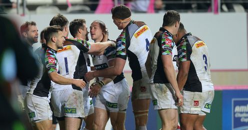 Mike Brown congratulated by Harlequins teammates in Amlin Challenge Cup quarter final Mike Brown congratulated by Harlequins teammates in Amlin Challenge Cup quarter final