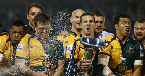 George North of Northampton Saints leads the victory celebrations George North of Northampton Saints leads the victory celebrations