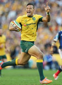 Israel Folau of the Wallabies celebrates as he runs in to score Australia v France Israel Folau of the Wallabies celebrates as he runs in to score Australia v France