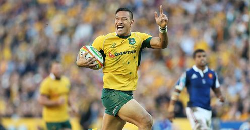 Israel Folau of the Wallabies celebrates as he runs in to score Australia v France Israel Folau of the Wallabies celebrates as he runs in to score Australia v France