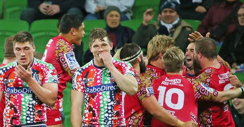 Reds celebrating Nick Frisby try against the Rebels Reds celebrating Nick Frisby try against the Rebels