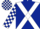 Dark Blue, White cross belts, checked sleeves and cap