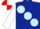Dark Blue, large Light Blue spots, White sleeves, Red and White quartered cap