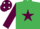 EMERALD GREEN, maroon star & sleeves, maroon cap, white spots
