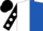 White and Royal Blue (halved), Black sleeves, White spots, Black cap