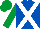 Royal blue, white cross belts, emerald green sleeves and cap