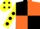 Black and Orange (quartered), Yellow sleeves, Black spots, Yellow cap, Black spots