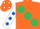 ORANGE, large EMERALD GREEN spots, WHITE sleeves, ROYAL BLUE spots, ORANGE cap, WHITE spots