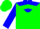 Green, blue yoke, green chevrons on blue sleeves, green cap