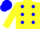 YELLOW, blue spots, yellow slvs, blue cap