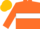 Orange and black halves, white hoop, gold cap