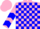 Pink, blue blocks, blue chevrons on sleeves, pink cap