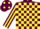 MAROON & YELLOW CHECK, striped sleeves, maroon cap, yellow spots