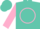 Turquoise, pink circle 'DP', pink sleeves