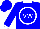 Blue, white circle 'VW', white cuffs & collar