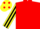 RED, yellow & black striped sleeves, yellow cap, red spots