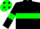 BLACK, GREEN hoop and armlets, GREEN cap, BLACK spots