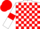 White and red checked, white sleeves, red armlets, red cap