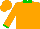 Orange, green 'P' on back, green cuffs & collar