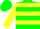 Green, yellow hoops, yellow bars on sleeves, green cap