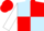 Light Blue and Red (quartered), White sleeves, Red cap