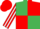Emerald green and red (quartered), red and white striped sleeves, red cap