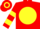 Red, Yellow disc, hooped sleeves and cap
