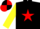 BLACK, red star, yellow sleeves, black & red quartered cap