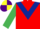 Red, Dark Blue chevron, Emerald Green sleeves, Yellow and Purple quartered cap