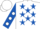 White, Royal Blue stars, Royal Blue sleeves, White spots, White cap