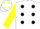 WHITE, black spots, yellow sleeves, white cap, yellow spots