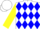 White and Blue Diamonds, Yellow Sleeves, White Cap, Blue Button and Visor