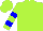 Lime, blue bars on sleeves, lime cap