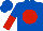 Royal blue, red spot, halved sleeves, royal blue cap