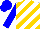 White, gold diagonal stripes, blue sleeves and cap