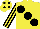 YELLOW, large black spots, striped sleeves, yellow cap, black spots
